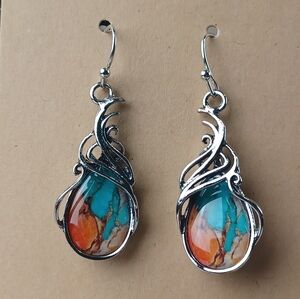 1 Pair Bohemian Torquoise White Earrings White K-Plated Iron Dangle Resin Stones